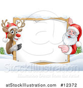 Vector Illustration of a Christmas Santa Claus and Reindeer with a Blank Sign in a Snowy Landscape by AtStockIllustration