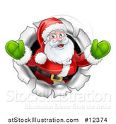 Vector Illustration of a Christmas Santa Claus Breaking Through a Hole in a Wall by AtStockIllustration