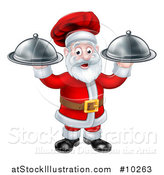 Vector Illustration of a Christmas Santa Claus Chef Holding Two Cloche Platters by AtStockIllustration