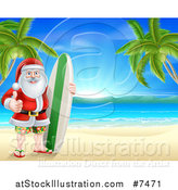 Vector Illustration of a Christmas Santa Claus Giving a Thumb up and Standing Between Palm Trees with a Surf Board on a Tropical Beach by AtStockIllustration