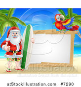 Vector Illustration of a Christmas Santa Claus Giving a Thumb up and Standing with a Surf Board on a Tropical Beach by a Blank White Sign with a Parrot by AtStockIllustration