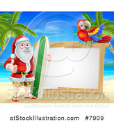 Vector Illustration of a Christmas Santa Claus Giving a Thumb up and Standing with a Surf Board on a Tropical Beach by a Blank White Sign with a Scarlet Macaw Parrot by AtStockIllustration