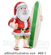 Vector Illustration of a Christmas Santa Claus Giving a Thumb up and Standing with a Surf Board on Vacation by AtStockIllustration