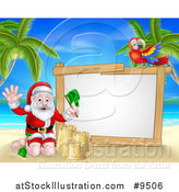Vector Illustration of a Christmas Santa Claus Waving and Making a Sand Castle on a Tropical Beach by a Blank White Sign with a Parrot by AtStockIllustration