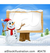 Vector Illustration of a Christmas Snowman Presenting a Wooden Sign by AtStockIllustration