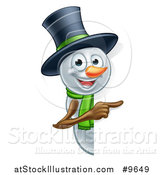 Vector Illustration of a Christmas Snowman Wearing a Green Scarf and a Top Hat, Pointing Around a Sign by AtStockIllustration