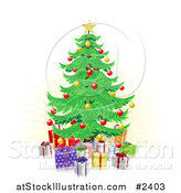 Vector Illustration of a Christmas Tree and 3d Gifts over Faint Rays by AtStockIllustration