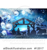 Vector Illustration of a Christmas Tree Branch Framing a Blue Toned Nativity Scene with Animals, Wise Men, the City of Bethlehem and Star of David by AtStockIllustration
