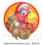 Vector Illustration of a Christmas Turkey Bird Wearing a Santa Hat and Giving a Thumb up in a Circle of Rays by AtStockIllustration