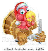 Vector Illustration of a Christmas Turkey Bird Wearing a Santa Hat and Holding Silverware by AtStockIllustration