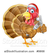 Vector Illustration of a Christmas Turkey Bird Wearing a Santa Hat and Holding Silverware by AtStockIllustration