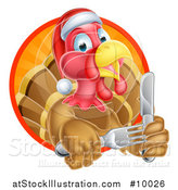 Vector Illustration of a Christmas Turkey Bird Wearing a Santa Hat and Holding Silverware, Emerging from a Sunny Circle by AtStockIllustration