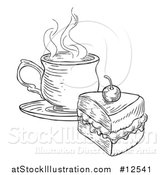Vector Illustration of a Coffee and Piece of Victoria Sponge Cake, Black and White Engraved Style by AtStockIllustration