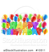 Vector Illustration of a Colorful Happy Birthday Greeting with Confetti Ribbons and Party Balloons by AtStockIllustration