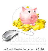 Vector Illustration of a Computer Mouse Wired to a 3d Piggy Bank with Gold Coins by AtStockIllustration