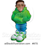 Vector Illustration of a Cool African American Teenage Boy in a Green Hoodie Sweater, Blue Jeans and Green and White Sneakers, Standing with His Hands in the Pocket of His Sweater by AtStockIllustration