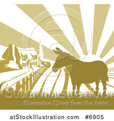 Vector Illustration of a Cottage Farm House and Rolling Hills with a Silhouetted Donkey and Sun Rays in Green and White by AtStockIllustration