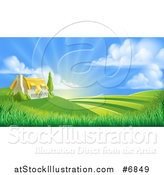 Vector Illustration of a Cottage Farm House Atop a Hill with Fields at Sunrise by AtStockIllustration