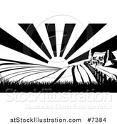 Vector Illustration of a Cottage Farm House on a Hill with the Sunrise and Fields in Black and White by AtStockIllustration