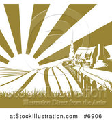 Vector Illustration of a Cottage Farm House on a Hill with the Sunrise and Fields in Green and White by AtStockIllustration