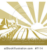Vector Illustration of a Cottage Farmhouse Atop a Hill with Fields at Sunrise by AtStockIllustration