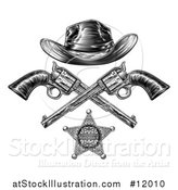 Vector Illustration of a Cowboy Hat over Crossed Guns and a Sheriff Badge in Black and White by AtStockIllustration