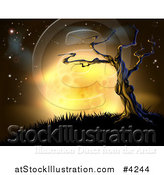 Vector Illustration of a Creepy Dead Tree on a Hill Against a Full Yellow Moon and Night Sky by AtStockIllustration