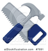 Vector Illustration of a Crossed Blue Handled Hammer and Hand Saw by AtStockIllustration