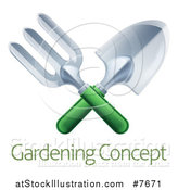 Vector Illustration of a Crossed Green Handled Garden Fork and Trowel Spade over Sample Text by AtStockIllustration