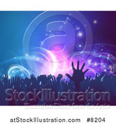 Vector Illustration of a Crowd of Silhouetted Concert Goer Hands over Neon Lights on Blue by AtStockIllustration