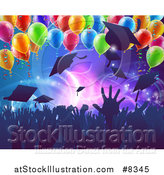 Vector Illustration of a Crowd of Silhouetted Graudate Hands Throwing up Their Mortar Board Caps Under Party Balloons by AtStockIllustration