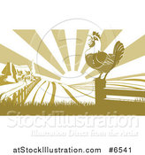 Vector Illustration of a Crowing Rooster on a Fence Post Against a Sunrise over a Farm House by AtStockIllustration
