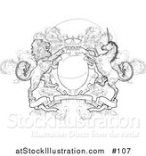 Vector Illustration of a Crown, Lion, and Unicorn on a Coat of Arms - Black and White Version by AtStockIllustration