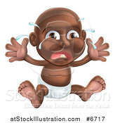 Vector Illustration of a Crying Black Baby Boy Teething, Sitting in a Diaper, Holding His Arms up by AtStockIllustration