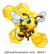 Vector Illustration of a Cute Bee Waving over Honeycombs by AtStockIllustration