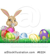 Vector Illustration of a Cute Beige Bunny Rabbit with a Basket and Easter Eggs in Grass, with Text Space by AtStockIllustration