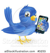 Vector Illustration of a Cute Bluebird Holding a Cellphone with Apps on the Screen by AtStockIllustration