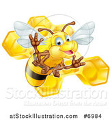 Vector Illustration of a Cute Friendly Bee over Honeycombs by AtStockIllustration