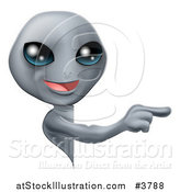 Vector Illustration of a Cute Gray Alien Looking Around a Sign and Pointing by AtStockIllustration