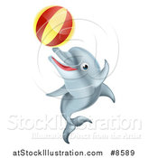Vector Illustration of a Cute Happy Dolphin Jumping and Playing with a Ball by AtStockIllustration