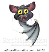 Vector Illustration of a Cute Happy Vampire Bat Looking Around and Pointing at a Sign by AtStockIllustration