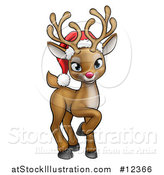 Vector Illustration of a Cute Red Nosed Reindeer Wearing a Christmas Santa Hat by AtStockIllustration