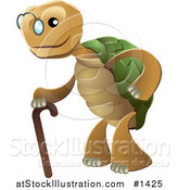 Vector Illustration of a Cute Senior Tortoise Turtle Wearing Glasses and Strolling with a Cane by AtStockIllustration
