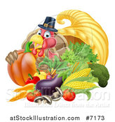 Vector Illustration of a Cute Turkey Bird Pilgrim Giving a Thumb Up, with Harvest Produce and a Cornucopia 2 by AtStockIllustration