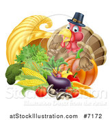 Vector Illustration of a Cute Turkey Bird Pilgrim Giving a Thumb Up, with Harvest Produce and a Cornucopia by AtStockIllustration
