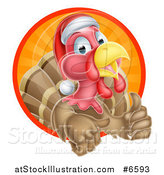 Vector Illustration of a Cute Turkey Bird Wearing a Santa Hat and Giving a Thumb up While Emerging from a Circle of Sunshine by AtStockIllustration