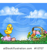 Vector Illustration of a Cute Yellow Chick on Easter Eggs and a Basket in the Grass, over a Sunny Sky by AtStockIllustration