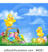 Vector Illustration of a Cute Yellow Chicks on Easter Eggs and a Basket in the Grass, over a Sunny Sky by AtStockIllustration