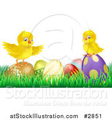 Vector Illustration of a Cute Yellow Easter Chicks on Top of Decorated Eggs in Grass by AtStockIllustration
