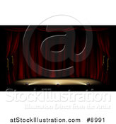 Vector Illustration of a Dark and Deserted Theater Stage with Red Curtains and Foot Lights by AtStockIllustration